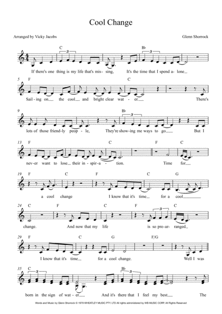 Cool Change Little River Band Leadsheet For Singalongs Sheet Music