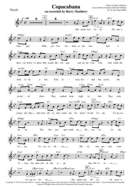 Copacabana At The Copa Vocal W Chords Transcription Of The Original Barry Manilow Recording Sheet Music