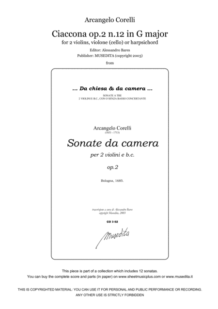 Free Sheet Music Corelli Ciaccona Op 2 N 12 In G Major