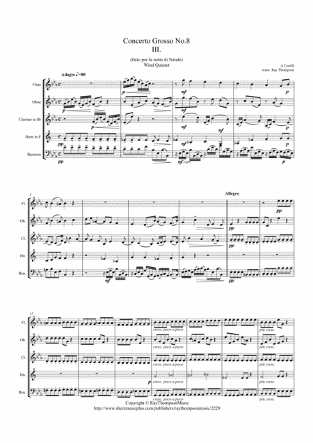 Free Sheet Music Corelli Concerto Grosso Op 6 No 8 Christmas Concerto Mvt Iii Adagio Allegro Adagio Wind Quintet