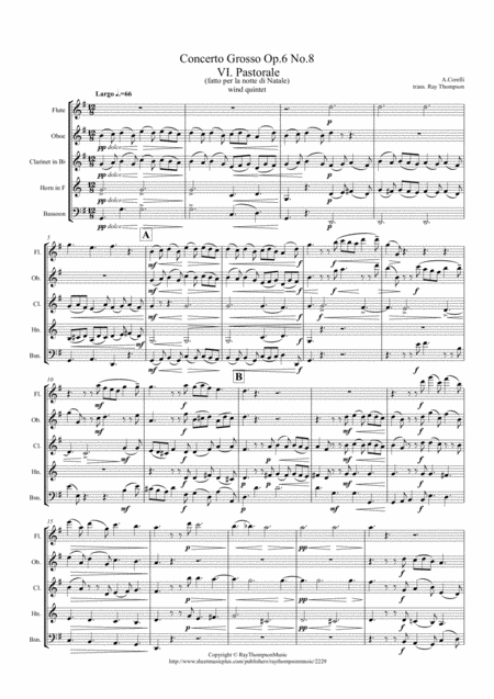 Free Sheet Music Corelli Concerto Grosso Op 6 No 8 Christmas Concerto Mvt Vi Pastorale Wind Quintet