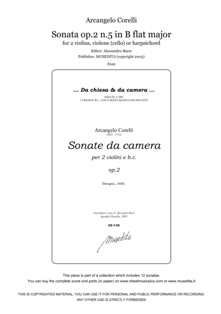 Free Sheet Music Corelli Sonata Op 2 N 5 In B Flat Major