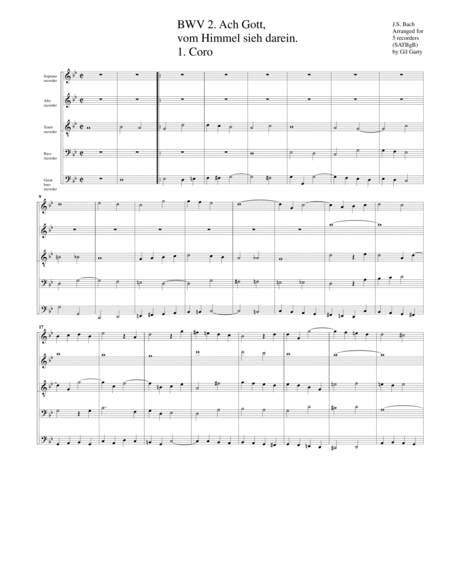 Coro Ach Gott Vom Himmel Sieh Darein Bwv 2 Arrangement For 5 Recorders Sheet Music