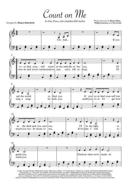 Count On Me Bruno Mars Easy Piano With Lyrics Simplified Rh Rhythm Sheet Music