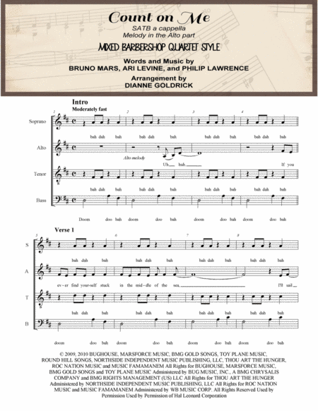 Count On Me Satb A Cappella Mixed Barbershop Choral Pricing Sheet Music