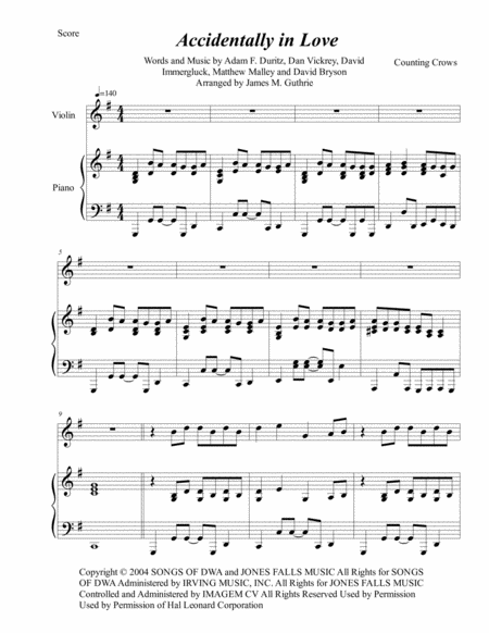 Free Sheet Music Counting Crows Accidentally In Love For Violin Piano