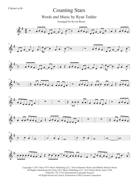 Free Sheet Music Counting Stars Clarinet