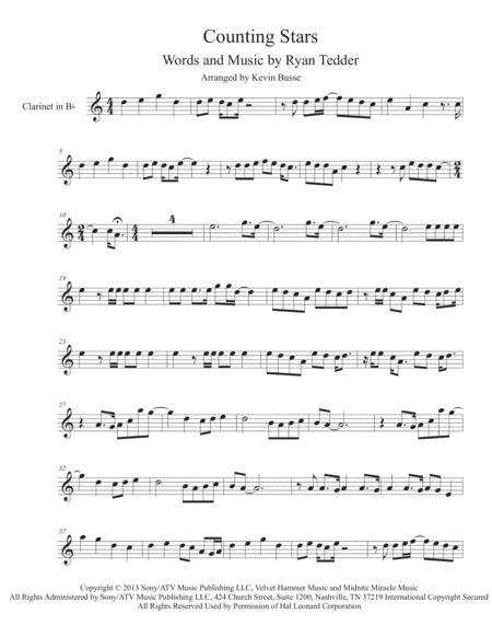 Free Sheet Music Counting Stars Easy Key Of C Clarinet