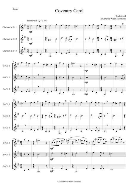 Free Sheet Music Coventry Carol For Clarinet Trio 3 X B Flat