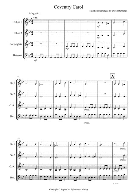 Coventry Carol For Double Reed Quartet Sheet Music