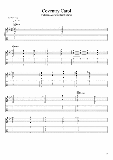 Free Sheet Music Coventry Carol For Solo Fingerstyle Guitar