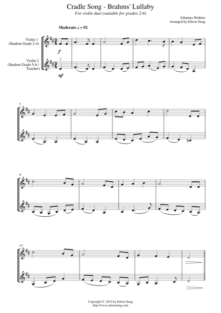 Cradle Song Brahms Lullaby For Violin Duet Suitable For Grades 2 6 Sheet Music