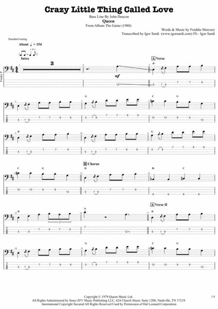 Crazy Little Thing Called Love Queen John Deacon Complete And Accurate Bass Transcription Whit Tab Sheet Music