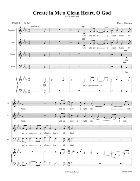 Create In Me A Clean Heart O God Satb Sheet Music