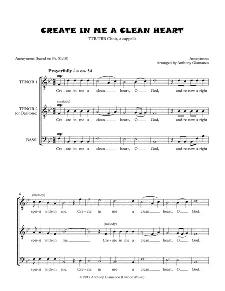 Free Sheet Music Create In Me A Clean Heart Ttb Or Tbb Choir A Cappella