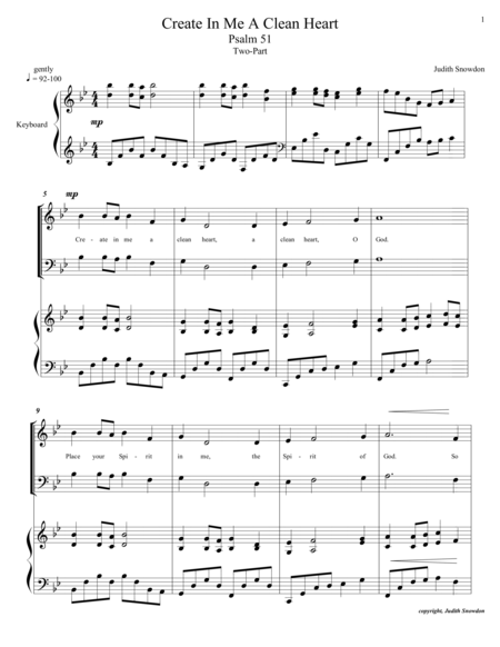 Free Sheet Music Create In Me A Clean Heart Two Part