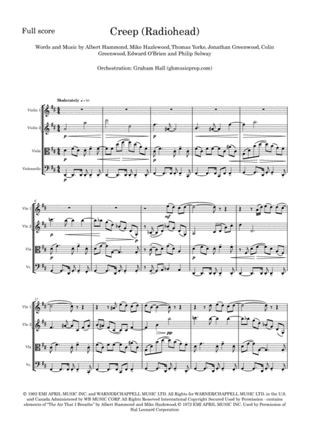 Creep For String Quartet Radiohead Sheet Music