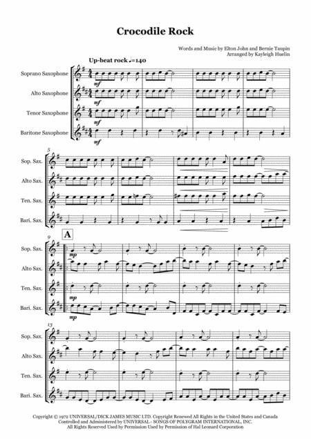 Free Sheet Music Crocodile Rock By Elton John Saxophone Quartet Satb