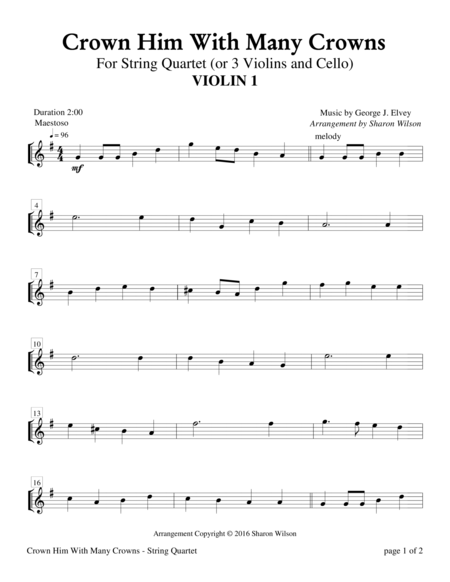 Free Sheet Music Crown Him With Many Crowns String Quartet