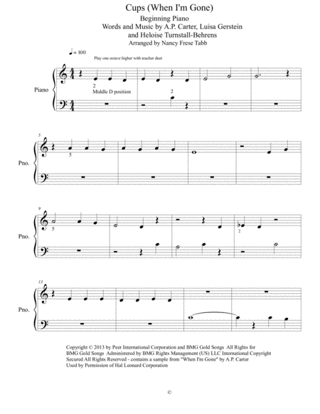 Cups When I M Gone Beginning Piano Solo With Optional Teacher Duet Sheet Music