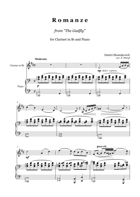 D Shostakovich Romance From The Film The Gadfly Clarinet In Bb And Piano Sheet Music