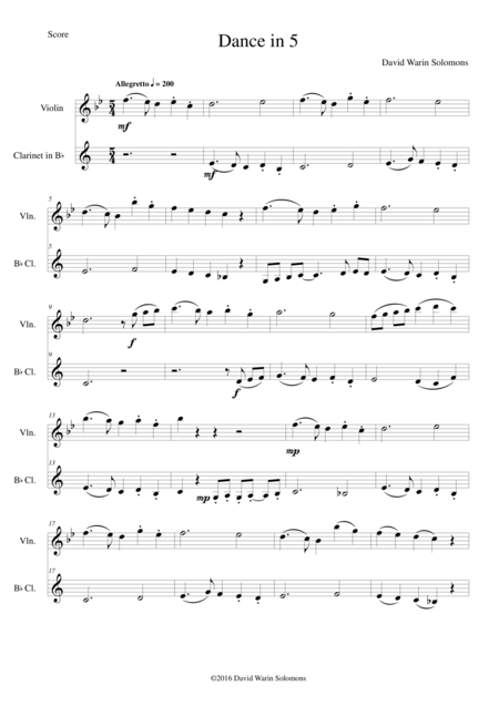 Free Sheet Music Dance In 5 For Violin And Clarinet