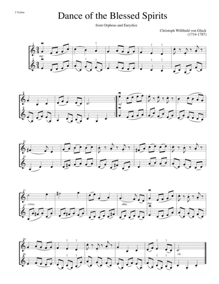 Free Sheet Music Dance Of The Blessed Spirits From Orpheus And Eurydice For 2 Violins