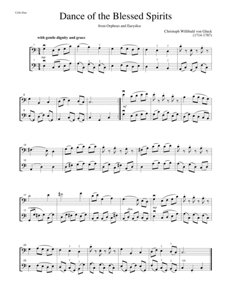 Dance Of The Blessed Spirits From Orpheus And Eurydice For Cello Duet Sheet Music