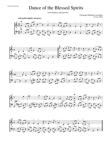 Dance Of The Blessed Spirits From Orpheus And Eurydice For Violin And Cello Duet Sheet Music