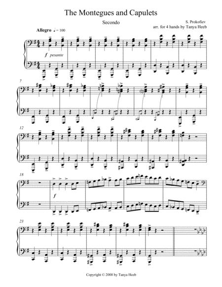 Dance Of The Knights Montegues And Capulets By Prokofiev For 4 Hands Sheet Music