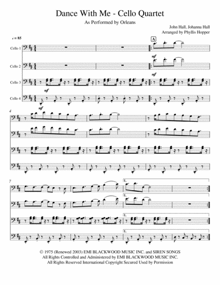 Dance With Me Cello Quartet Sheet Music