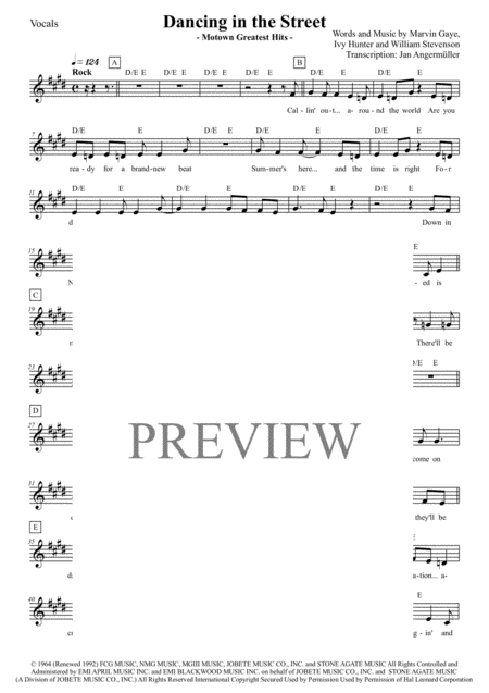 Dancing In The Street Chord Vocal Transcription Of The Original Matha And The Vandellas Motown Recording Sheet Music