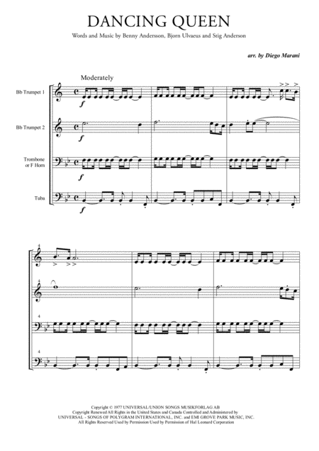 Dancing Queen By Abba For Brass Quartet Sheet Music