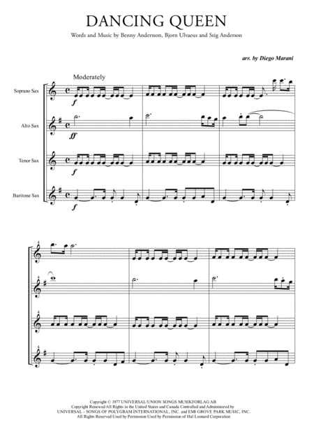 Dancing Queen By Abba For Saxophone Quartet Sheet Music