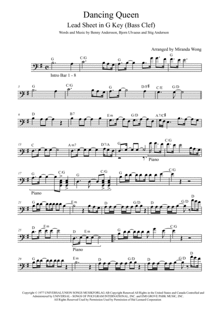 Dancing Queen Cello Or Double Bass Solo In G Key With Chords Sheet Music