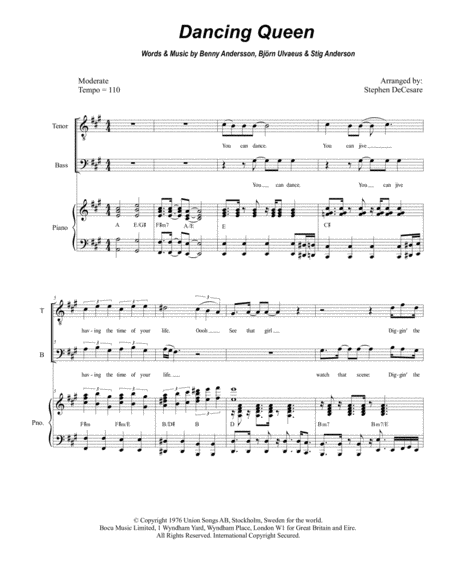 Free Sheet Music Dancing Queen Duet For Tenor And Bass Solo