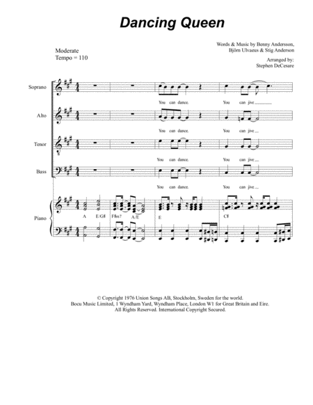 Dancing Queen For Vocal Quartet Satb Sheet Music