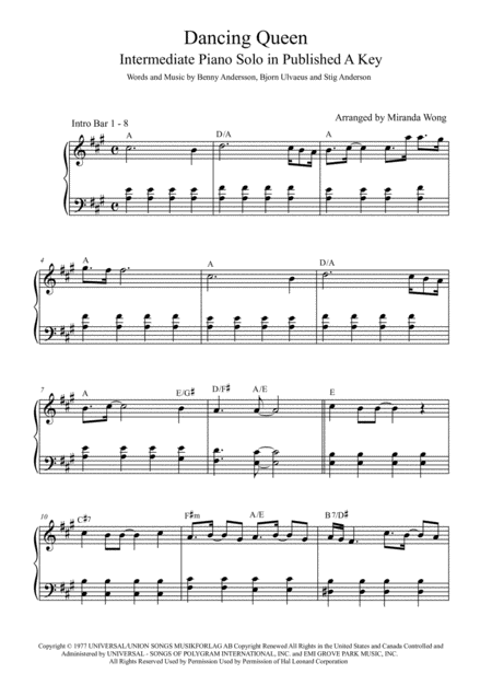 Free Sheet Music Dancing Queen Intermediate Piano Solo In Published A Key With Chords