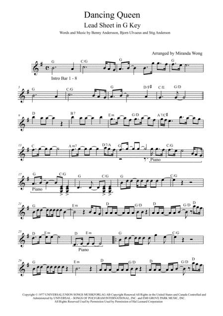 Dancing Queen Lead Sheet In G Key With Chords Sheet Music