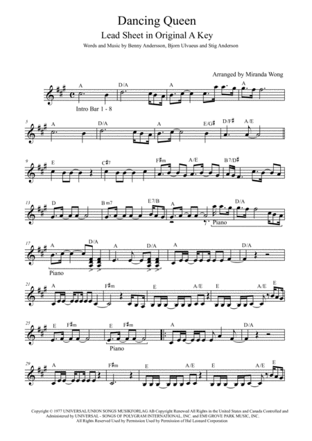 Dancing Queen Lead Sheet In Original A Key With Chords Sheet Music