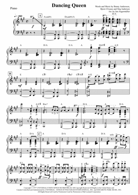 Free Sheet Music Dancing Queen Piano Chords Abba For Intermediate Advanced Piano