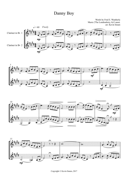 Free Sheet Music Danny Boy Duet For 2 Bb Clarinets