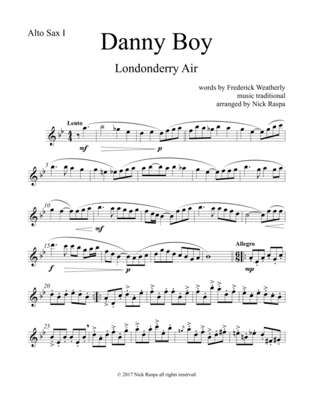 Free Sheet Music Danny Boy For Saxophone Quintet Alto Sax 1 Part