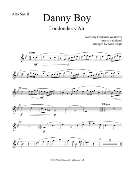 Danny Boy For Saxophone Quintet Alto Sax 2 Part Sheet Music