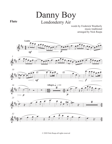 Danny Boy Londonderry Air Woodwind Quintet Flute Part Sheet Music