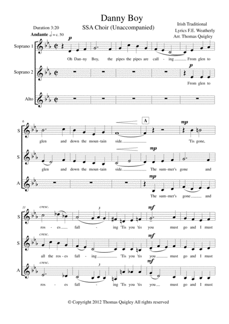 Free Sheet Music Danny Boy Ssa Choir Unaccompanied