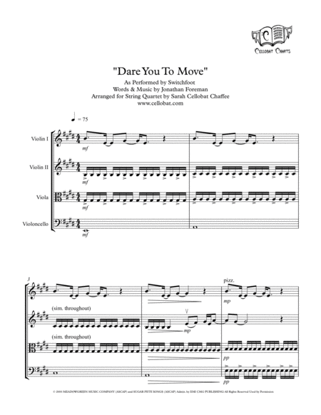 Dare You To Move String Quartet Switchfoot Arr Cellobat Sheet Music