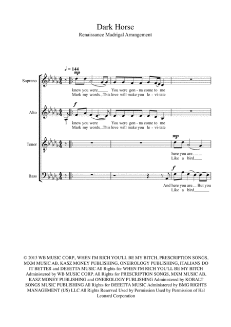 Dark Horse Madrigal Sheet Music