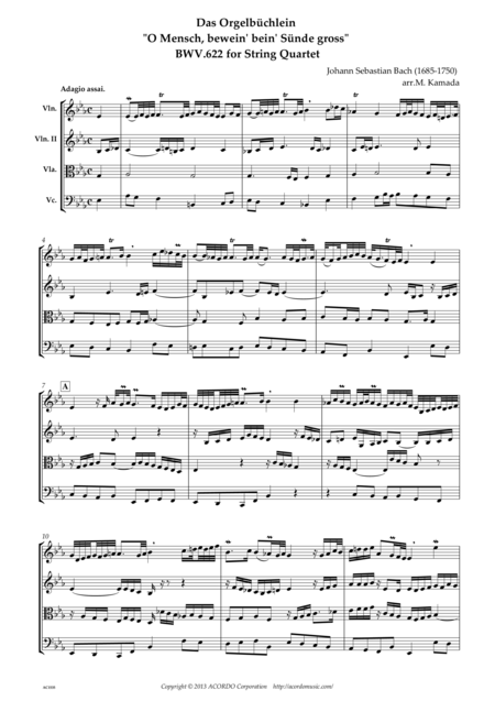 Das Orgelbchlein O Mensch Bewein Dein Snde Gross Bwv 622 For String Quartet Sheet Music