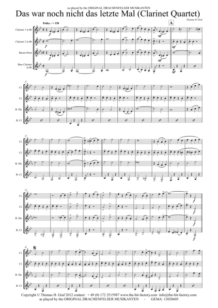 Das War Noch Nicht Das Letzte Mal German Polka Oktoberfest Clarinet Quartet Sheet Music